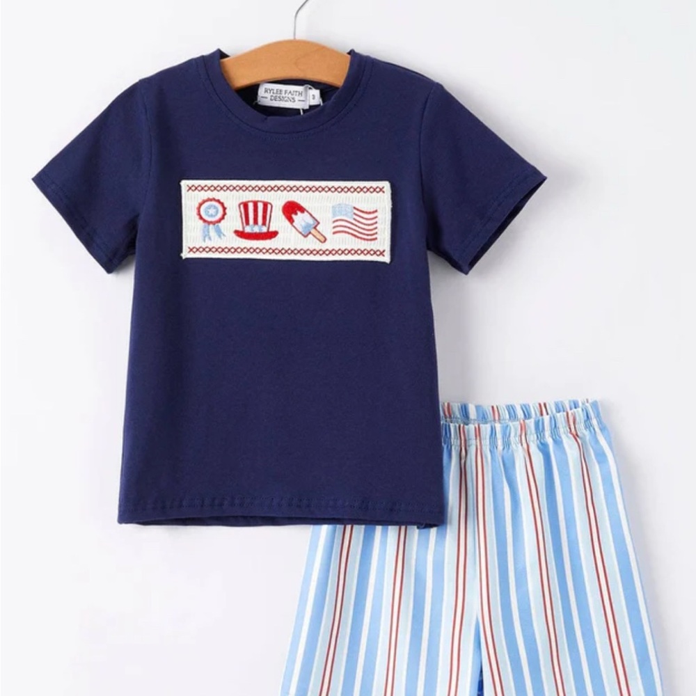 Boys Navy Graphic Tee and Striped Shorts Set